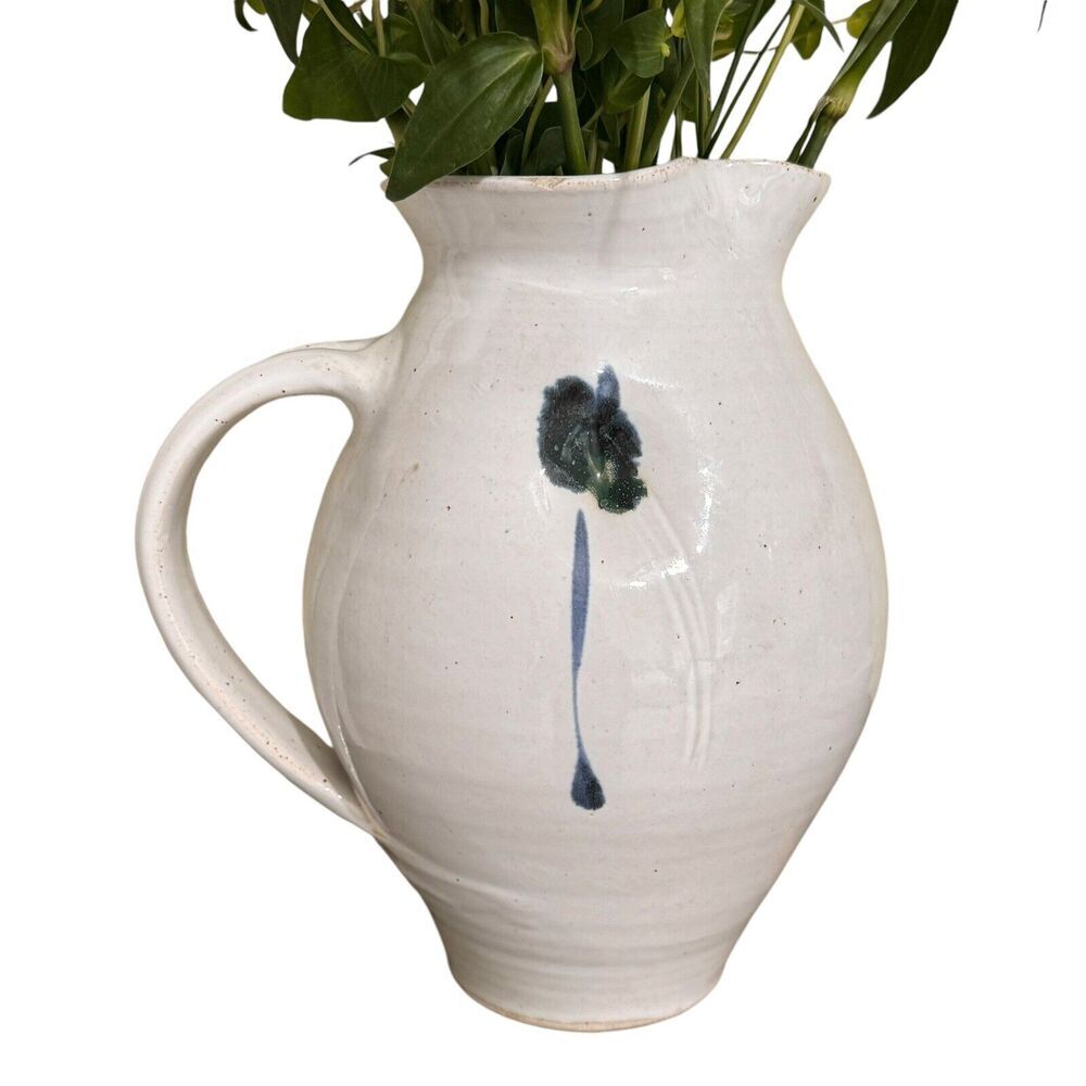 Studio Art Pottery Dimpled Floral Stoneware Pitcher Jug Signed Vase Cream/Blue